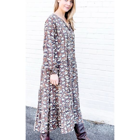 Maleu Washed Cotton Block Print Burgundy Floral Tiered Maxi Dress S - Picture 2 of 8